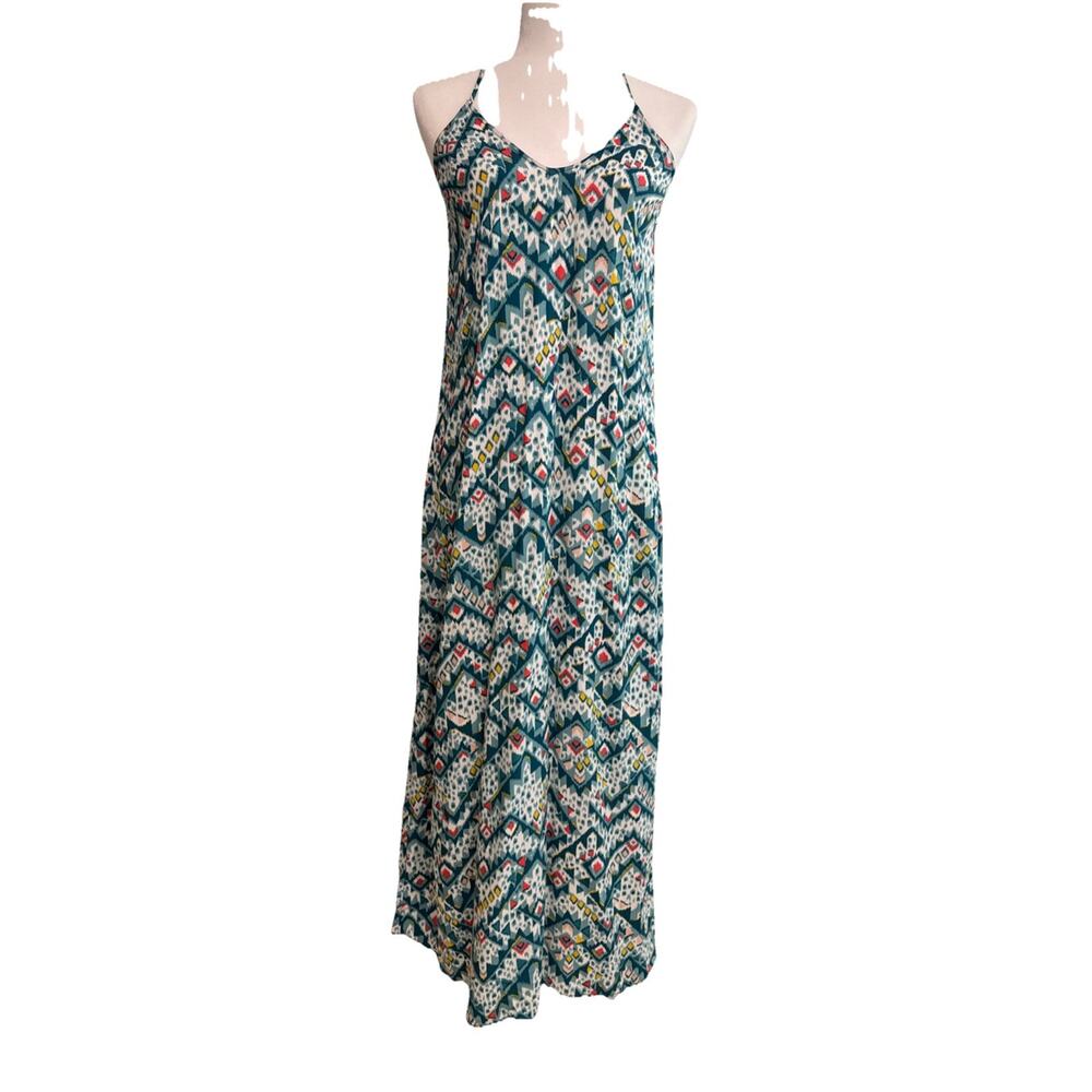 Old Navi V-Neck Maxi Multi Print Dress Womens S Green Abstract Beach Casual